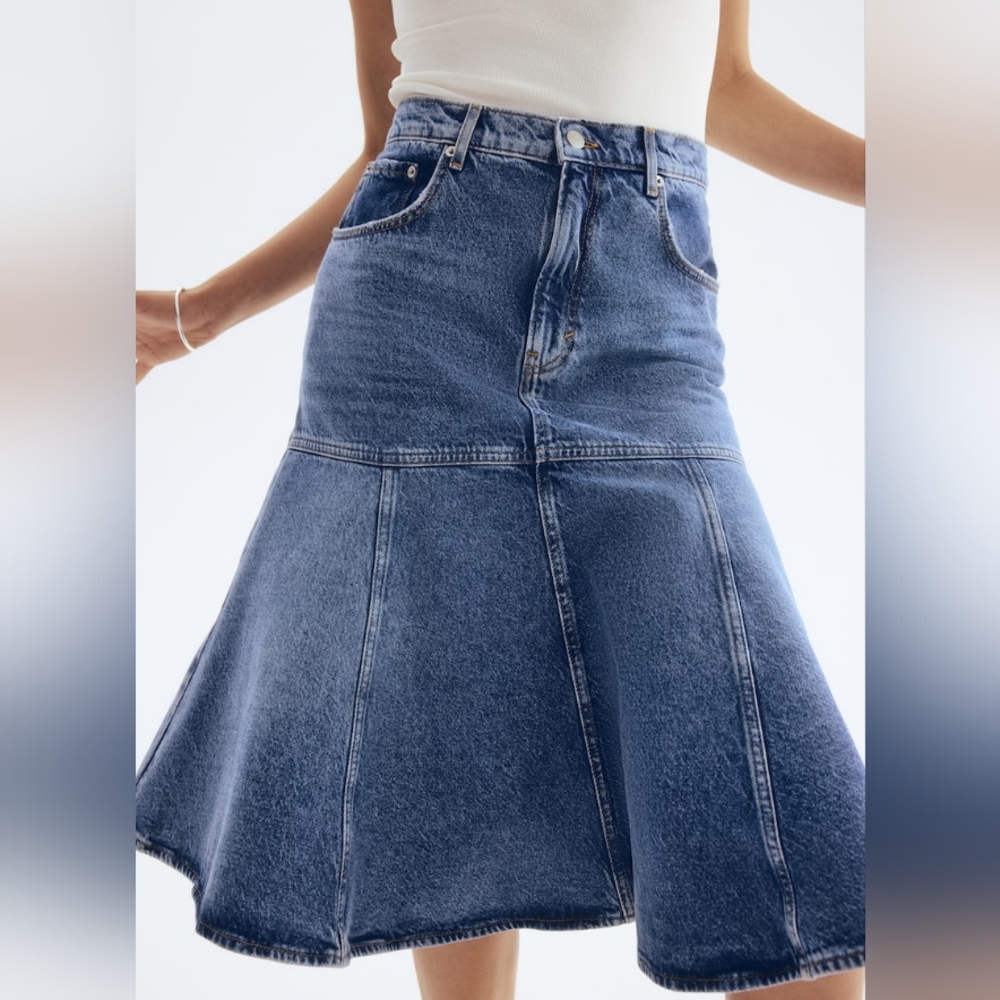 H&M Flared Denim Skirt Denim Blue Topstitched Panels BNWT